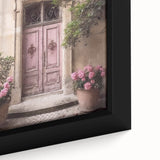 Close-up of a black framed canvas featuring a textured, colorful depiction of a French door, ideal for living room decor.