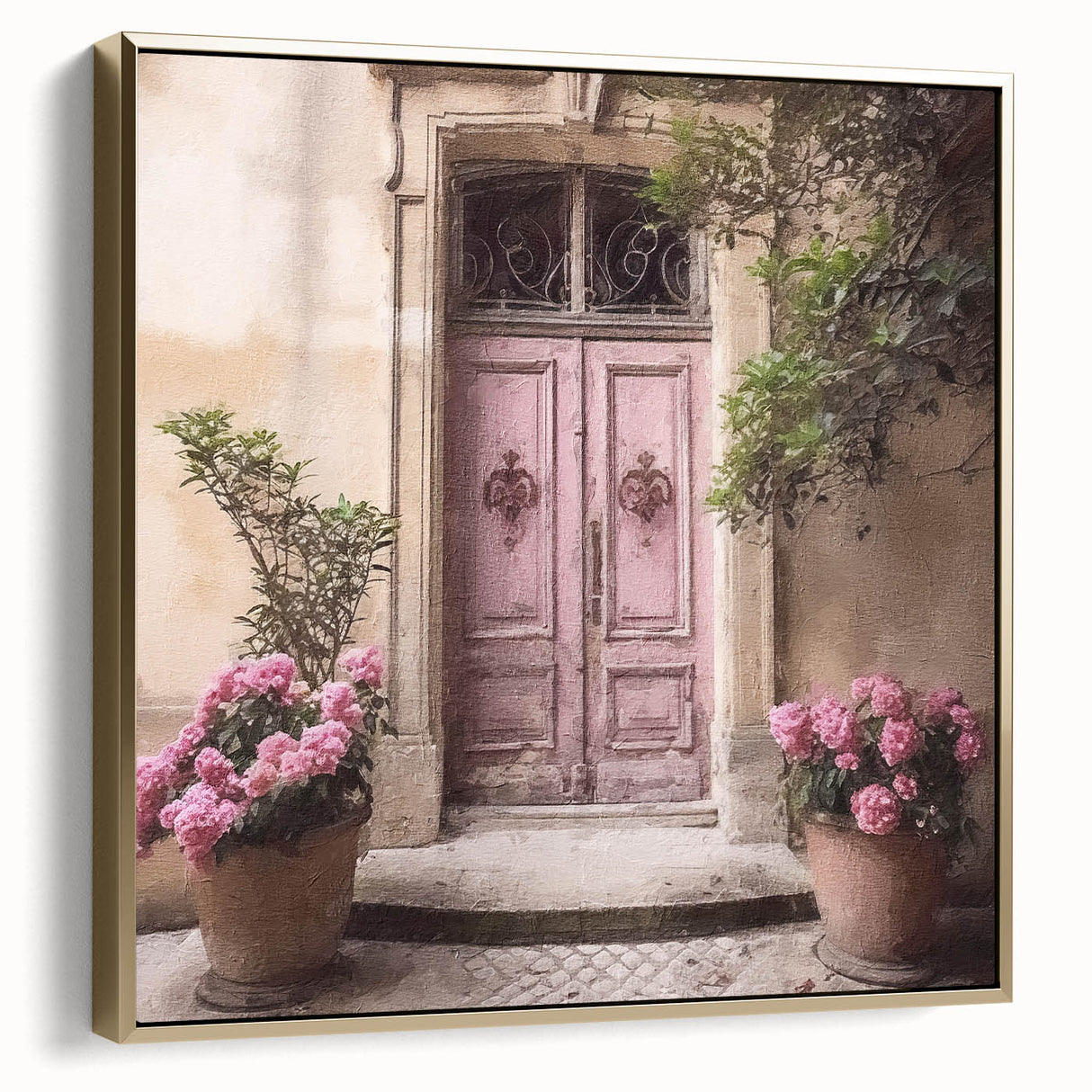 Framed canvas depicting a vintage-style black and gold French door, ideal for bedroom wall art.