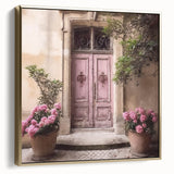 Framed canvas depicting a vintage-style black and gold French door, ideal for bedroom wall art.