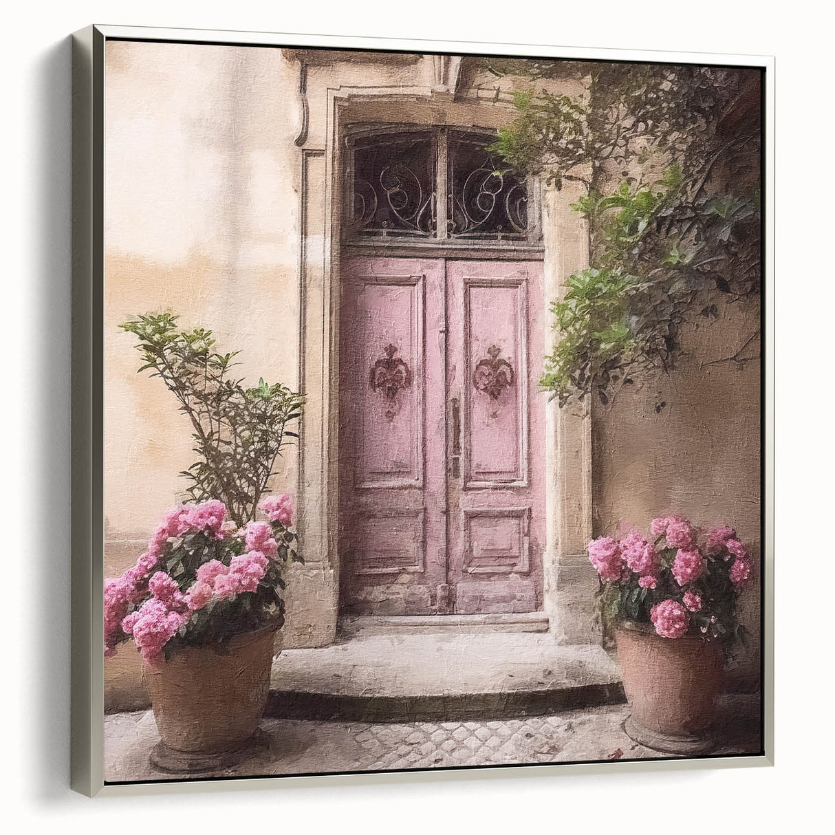 Framed canvas of a vintage-style landscape painting featuring a French door, rendered in black with colorful accents.