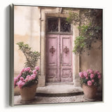 Framed canvas of a vintage-style landscape painting featuring a French door, rendered in black with colorful accents.