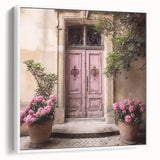 Vintage poster art of a French door, framed canvas in white, ideal for large living room walls.