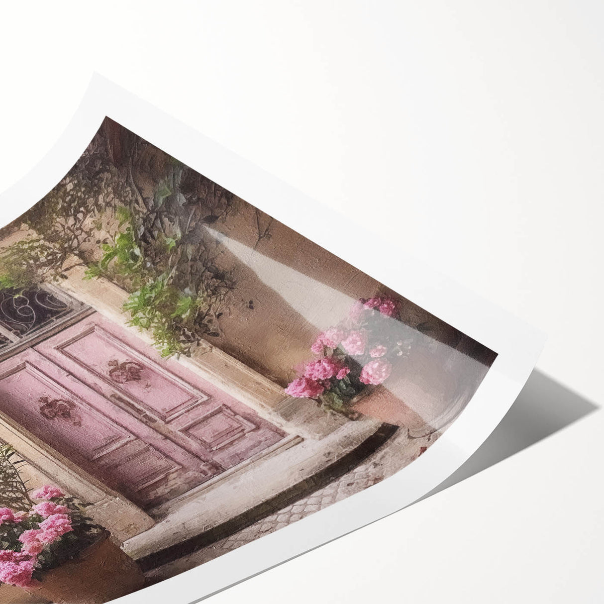 Extra large rolled print featuring line art flowers and a French door design in black and white.