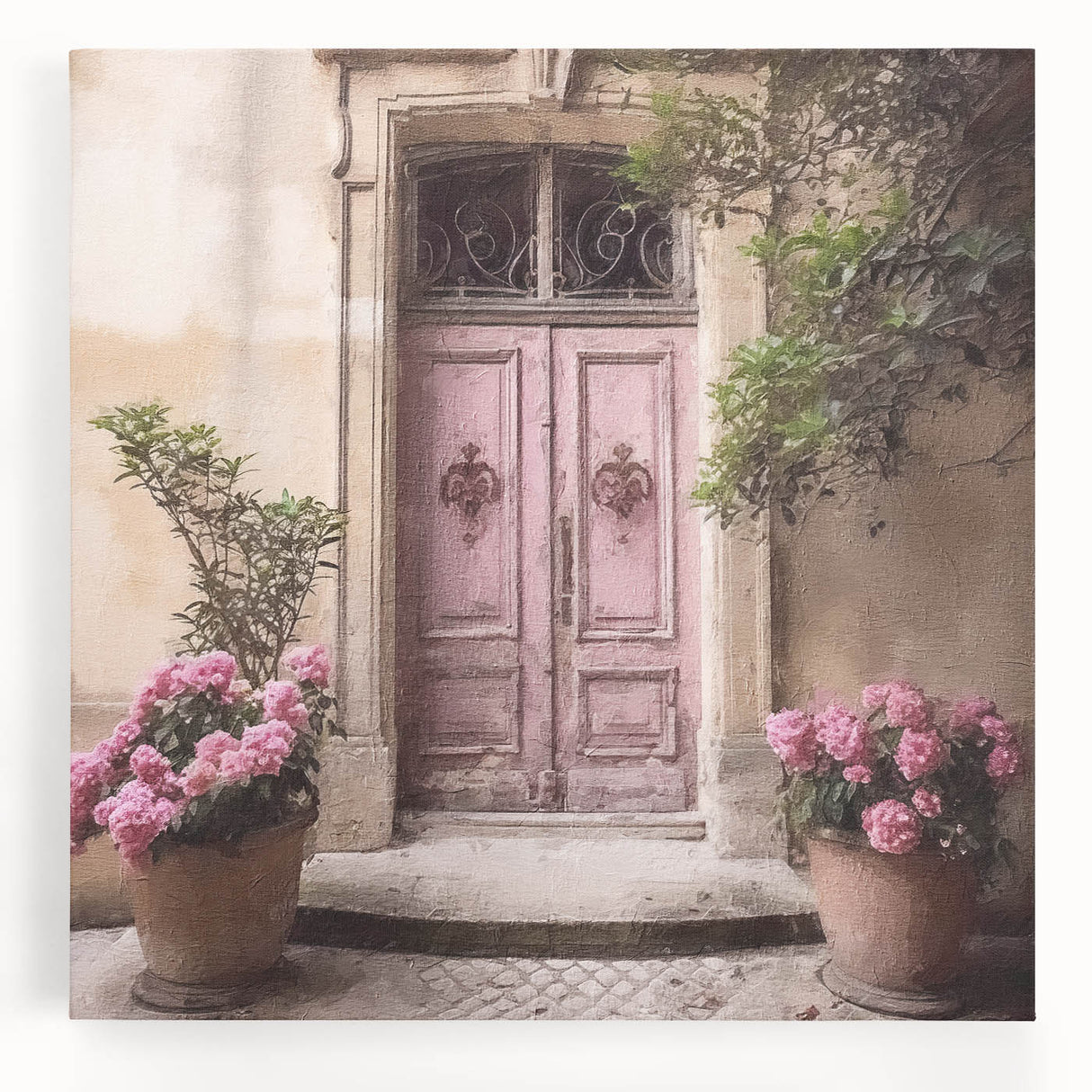 Black and white photo of an ornate French door on stretched canvas, suitable for kitchen wall art.