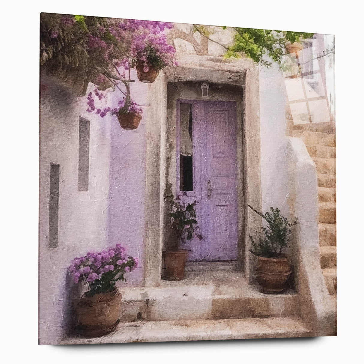 Acrylic print of a large abstract depiction of a Greek door in muted earth tones, suitable for bedroom or dining room decor.