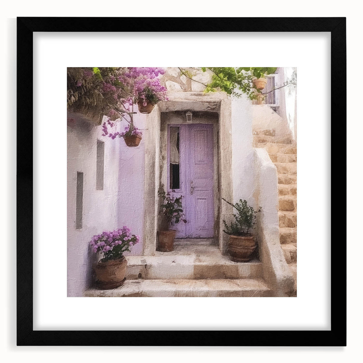 Extra large abstract art print featuring colorful, textured depiction of a Greek door, framed in black.