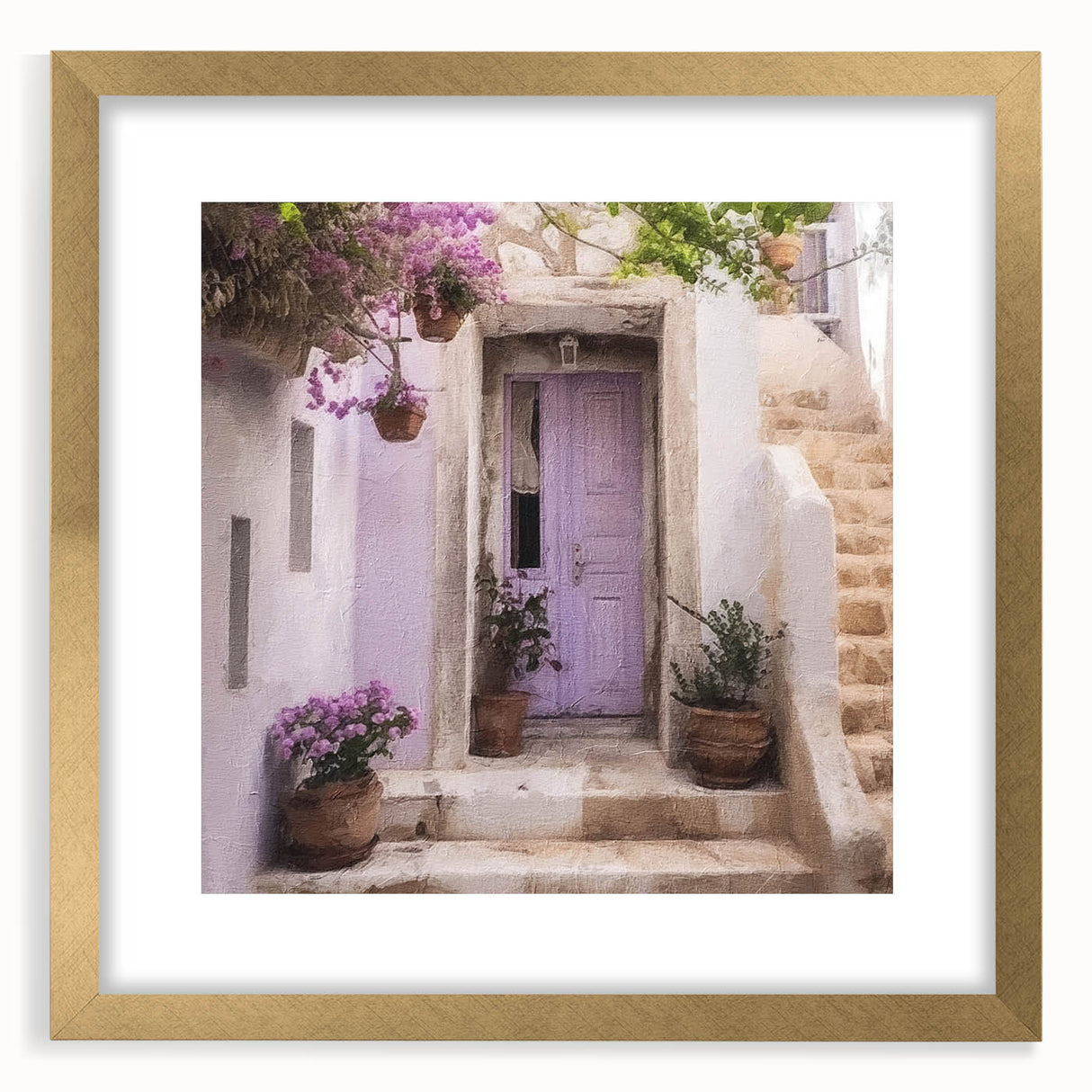 Extra large abstract art print featuring a textured depiction of a Greek door, in gold tones, framed with a mat.