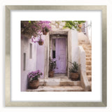 Textured abstract art print of a Greek door, in muted earth tones on a framed canvas, ideal for bedroom art.