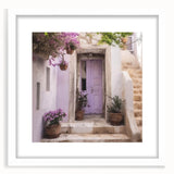 Abstract art print of a Greek door architecture in white frame, with muted earth tones, ideal for dining room decor.
