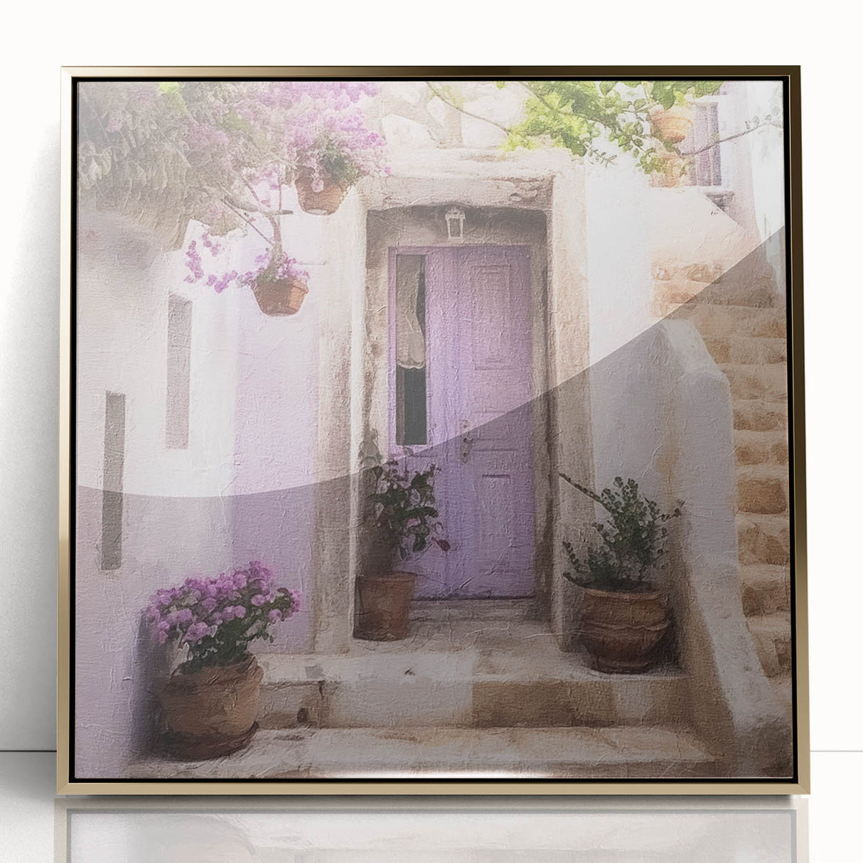 Mid-century modernist style framed acrylic print of a Greek door in gold tones, ideal for modern art wall decor.