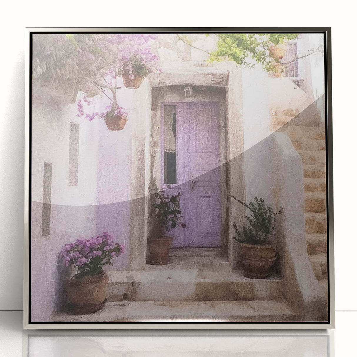Mid-century modernist art depicting a Greek door, in silver framed acrylic, suitable for nursery or modern decor.