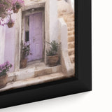 Close-up of a black framed canvas featuring a textured depiction of a colorful Greek door, ideal for living room decor.