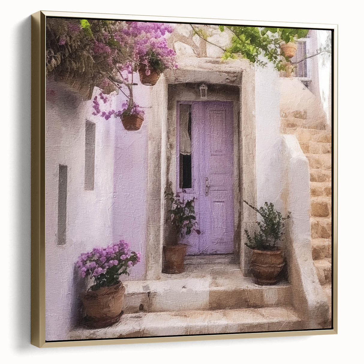 Framed canvas featuring a vintage poster of a Greek door architecture in black, silver, and gold tones.