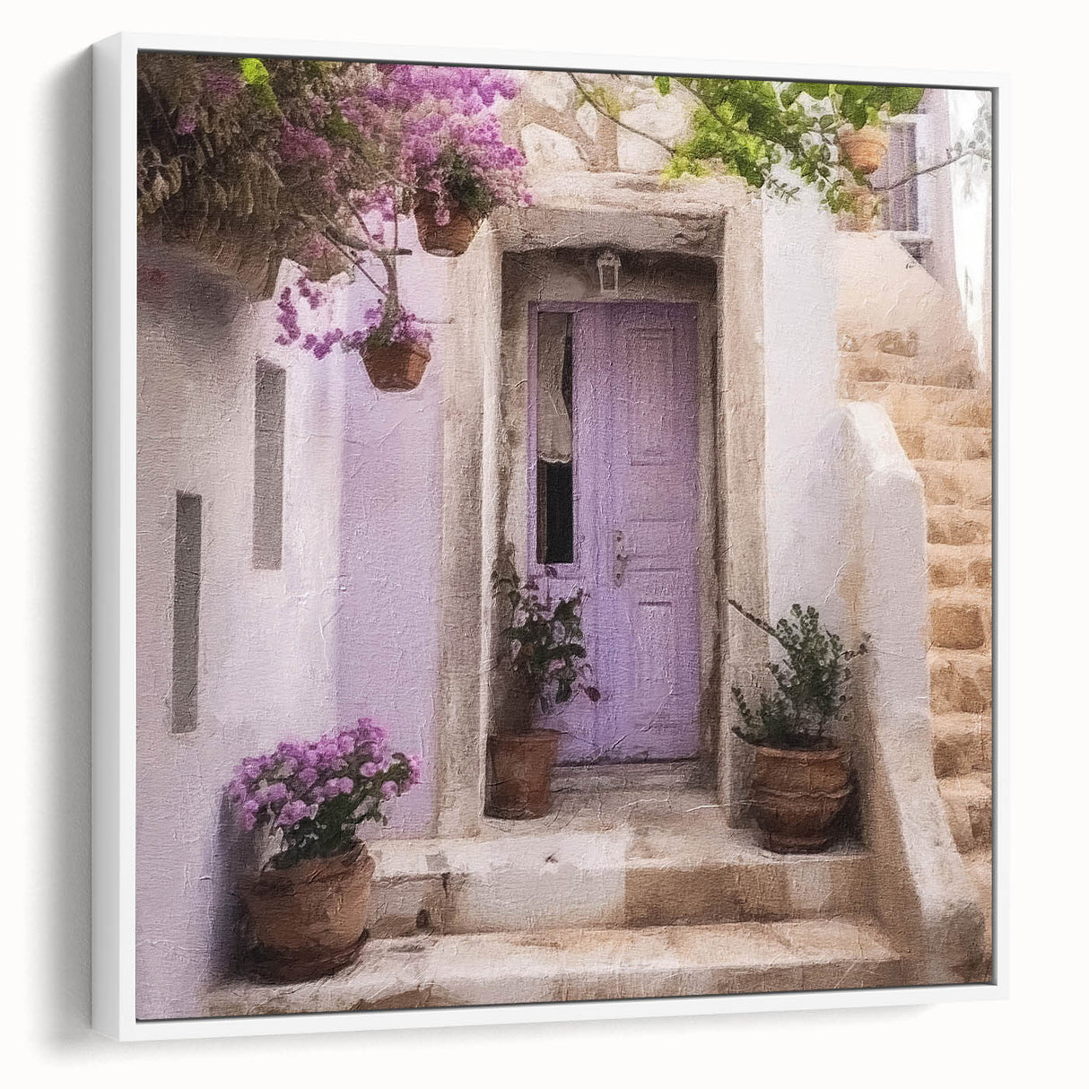Framed canvas of a vintage poster featuring a monochrome Greek doorway, ideal for living room decor.