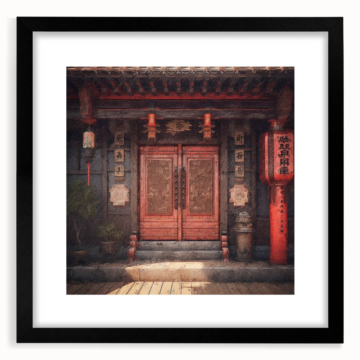 Extra large abstract art print featuring a colorful, textured depiction of a Japanese door, framed with a black mat.