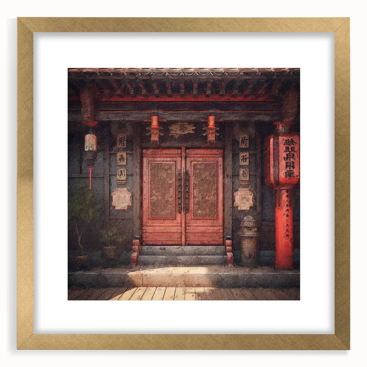 Extra large abstract art print of a textured Japanese door, in gold frame, suited for living room decor.