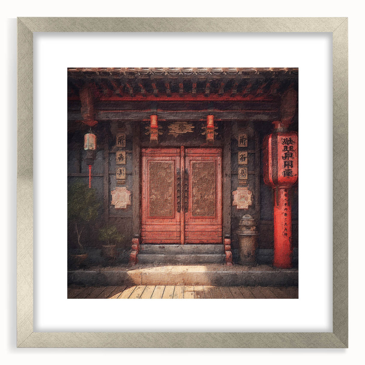 Textured abstract art print of a Japanese door in muted gray and silver tones, framed with a mat.
