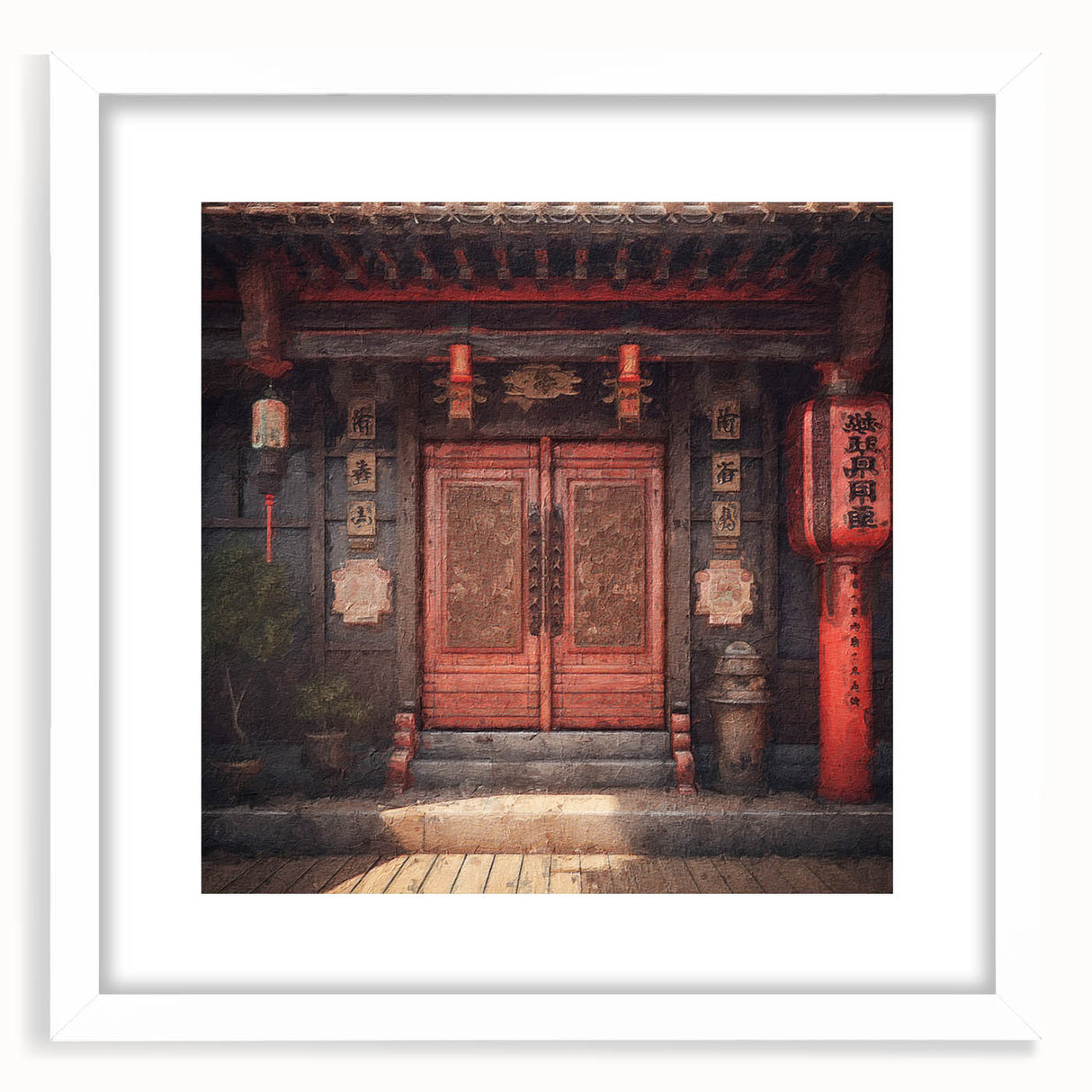 Abstract art print of a Japanese door in muted gray tones on a framed white canvas, ideal for dining room decor.