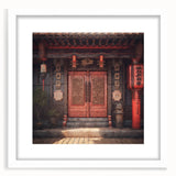 Abstract art print of a Japanese door in muted gray tones on a framed white canvas, ideal for dining room decor.