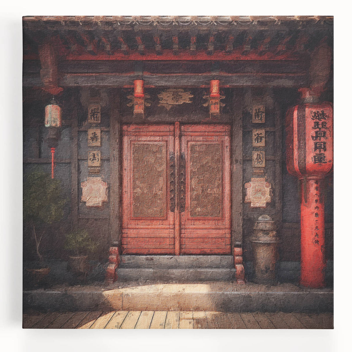 Black and white photograph of a Japanese door on stretched canvas, ideal for kitchen wall art.