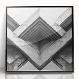 Large abstract wall art in black and white acrylic print, framed, reflecting mid-century modernist style.