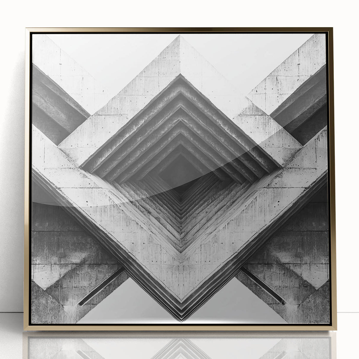 Large art print of a mid-century modernist cityscape in muted gold and gray tones on framed acrylic.