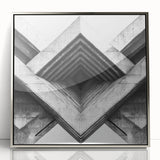 Mid-century modernist art depicting geometric shapes in muted tones on a silver-framed acrylic print.