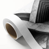 Art Deco style poster featuring geometric patterns in muted gold and navy tones on rolled canvas.