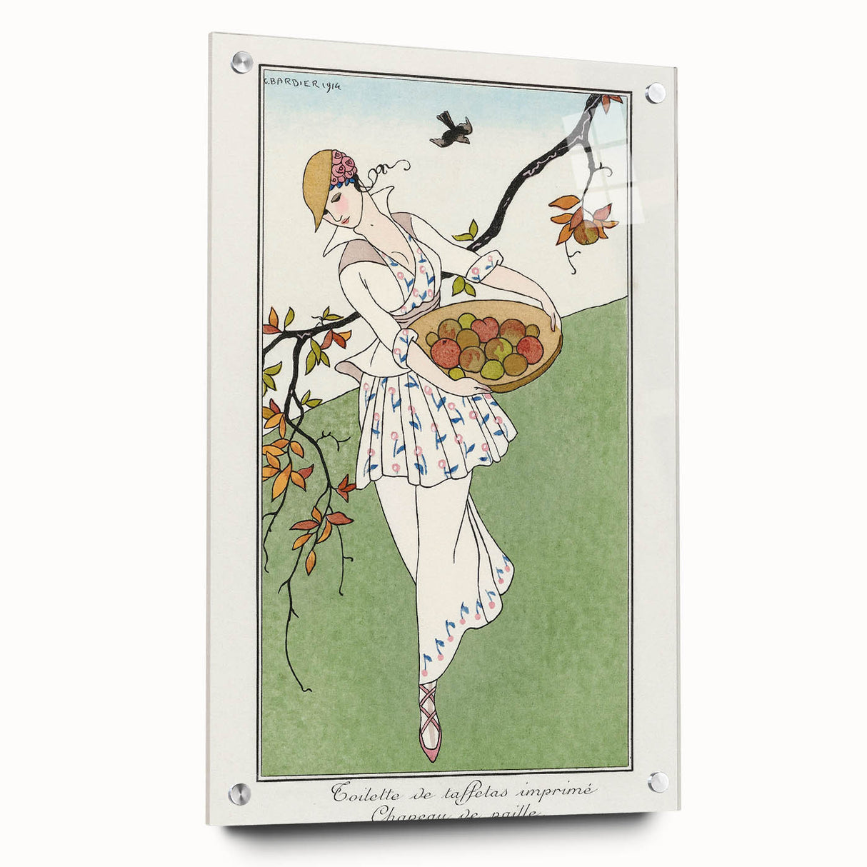 Charming Art Deco Wall Art – Woman with Basket of Apples in Nature