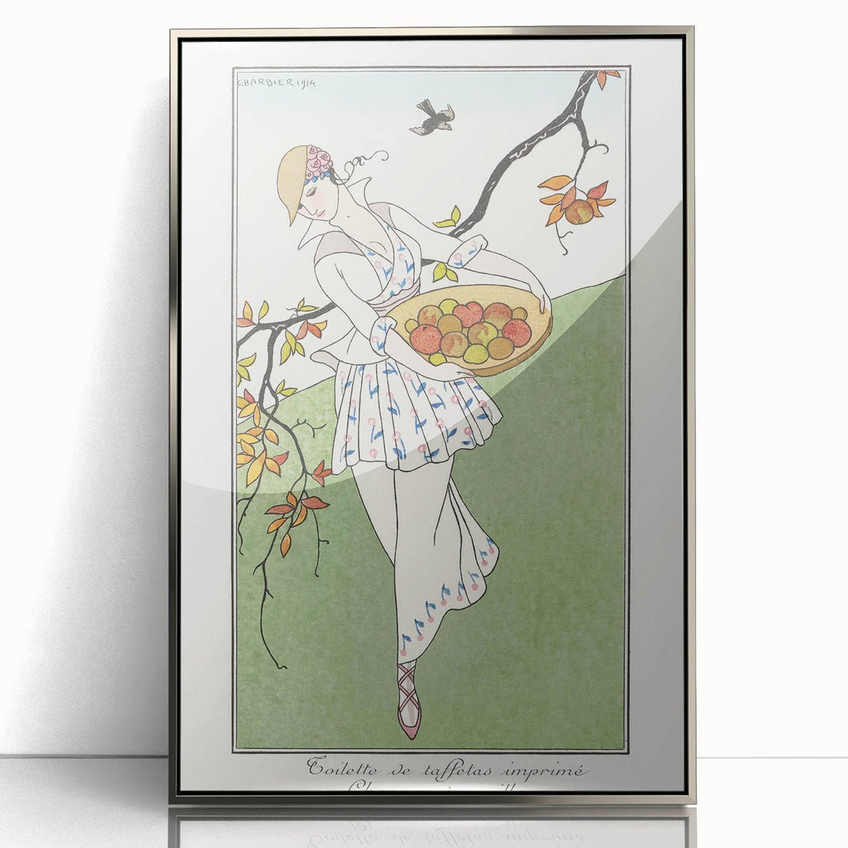 Charming Art Deco Wall Art – Woman with Basket of Apples in Nature