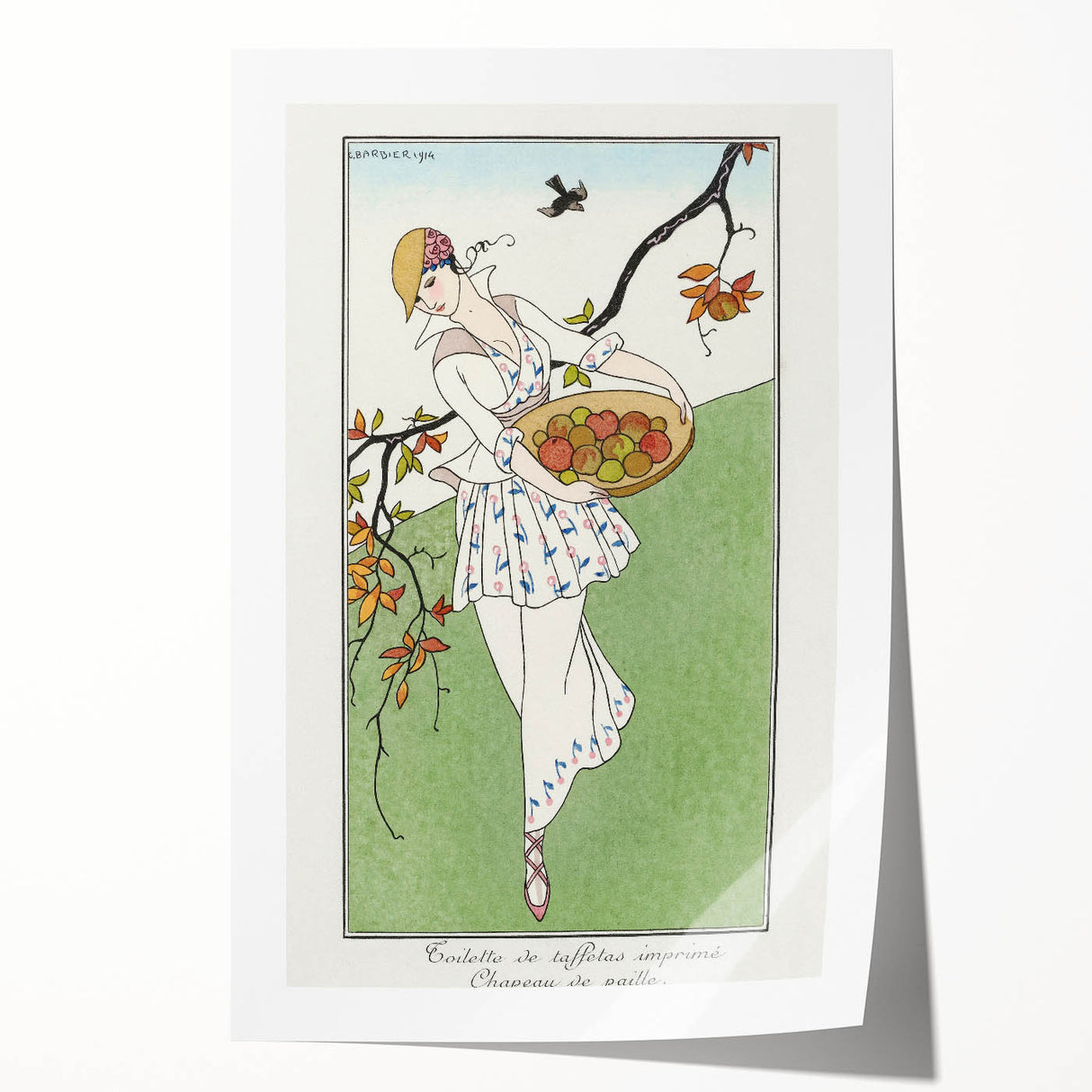 Charming Art Deco Wall Art – Woman with Basket of Apples in Nature
