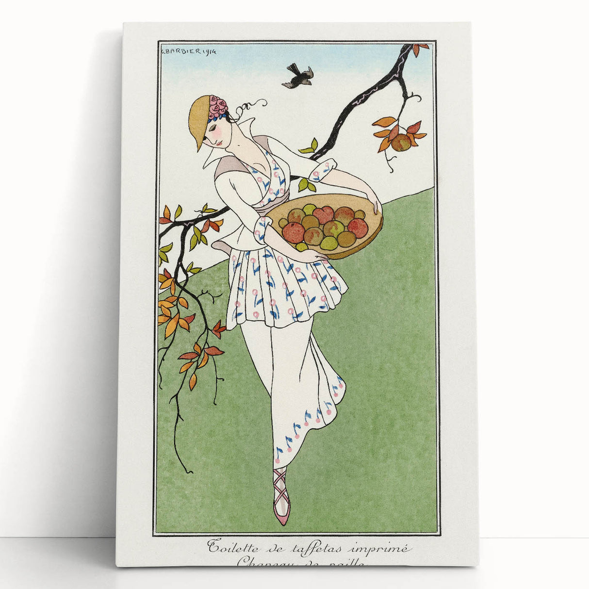 Charming Art Deco Wall Art – Woman with Basket of Apples in Nature