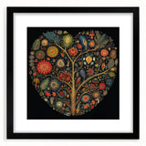 Framed wall art featuring a botanical design with colorful flowers and leaves, set in a sleek black frame with a white mat, ideal for home decor.