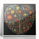 Framed wall art featuring a vibrant floral design with botanical leaves on a white background, showcasing a modern aesthetic for home decor. Perfect for enhancing living spaces.