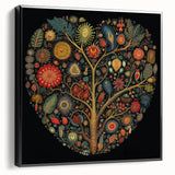Framed canvas wall art showcasing a vibrant floral and botanical design with black leaves, viewed from the side, ideal for modern home decor.