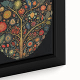 Close-up of a framed canvas wall art featuring vibrant floral and botanical designs in rich greens and soft pinks, perfect for home decor enhancement.