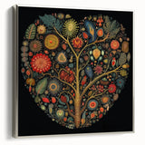 Framed canvas wall art featuring a botanical design of colorful flowers and leaves, elegantly presented with a silver frame, ideal for home décor enhancement.