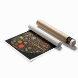 Rolled print showcasing vibrant floral and botanical wall art featuring intricate leaf patterns in green and gold, designed to enhance home decor aesthetics.