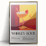 Mid-century modernist art depicting food and drinks in gold and white tones, acrylic print framed.