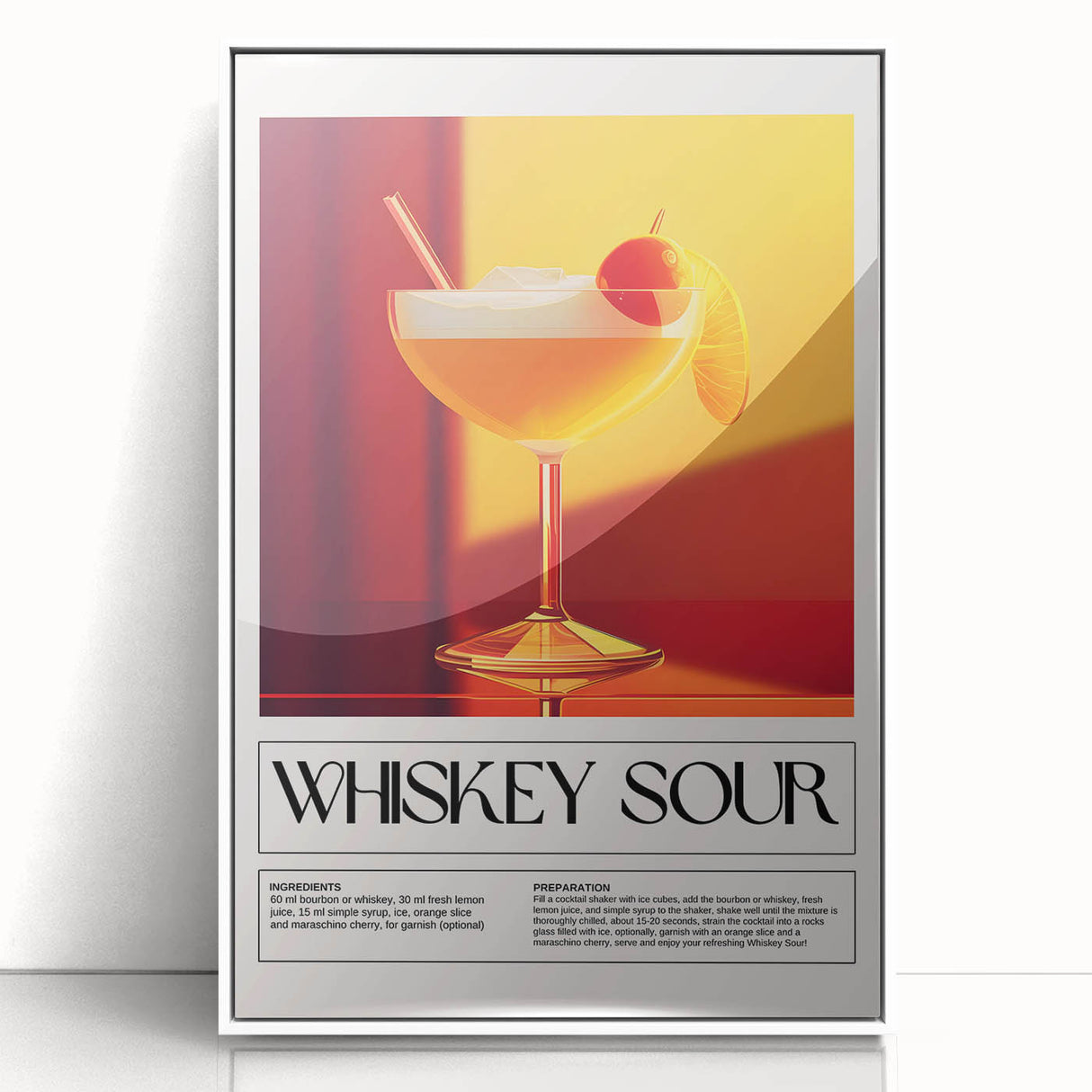 Large art print of mid-century modernist food and drinks, in a white acrylic frame, suitable for nursery wall art.