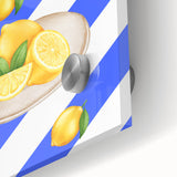 Large abstract wall art featuring assorted fruits in vibrant colors on acrylic glass, ideal for dining room decor.