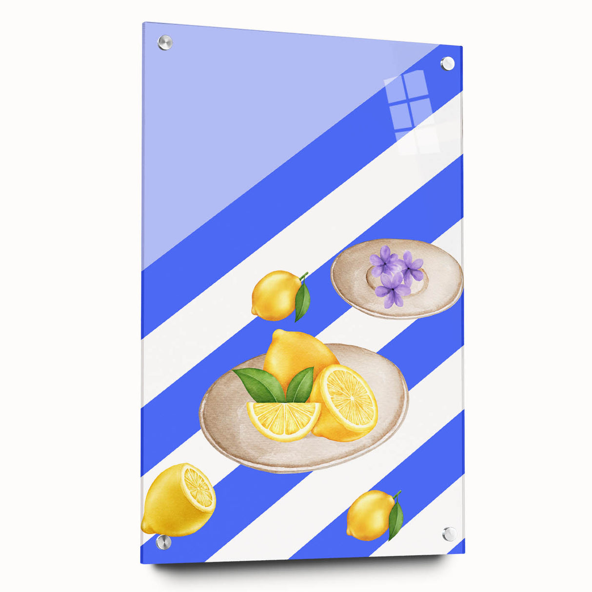 Large abstract wall art featuring assorted fruits in vibrant colors on acrylic glass, ideal for dining room decor.