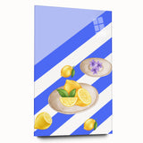 Large abstract wall art featuring colorful fruit motifs on acrylic glass, ideal for bedroom or dining room decor.