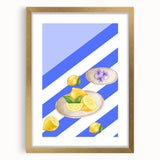 Extra large abstract art print featuring textured fruits in vibrant colors, framed in gold, ideal for living room decor.