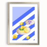 Textured art print of abstract fruits in muted earth tones, framed in silver, ideal for bedroom art.