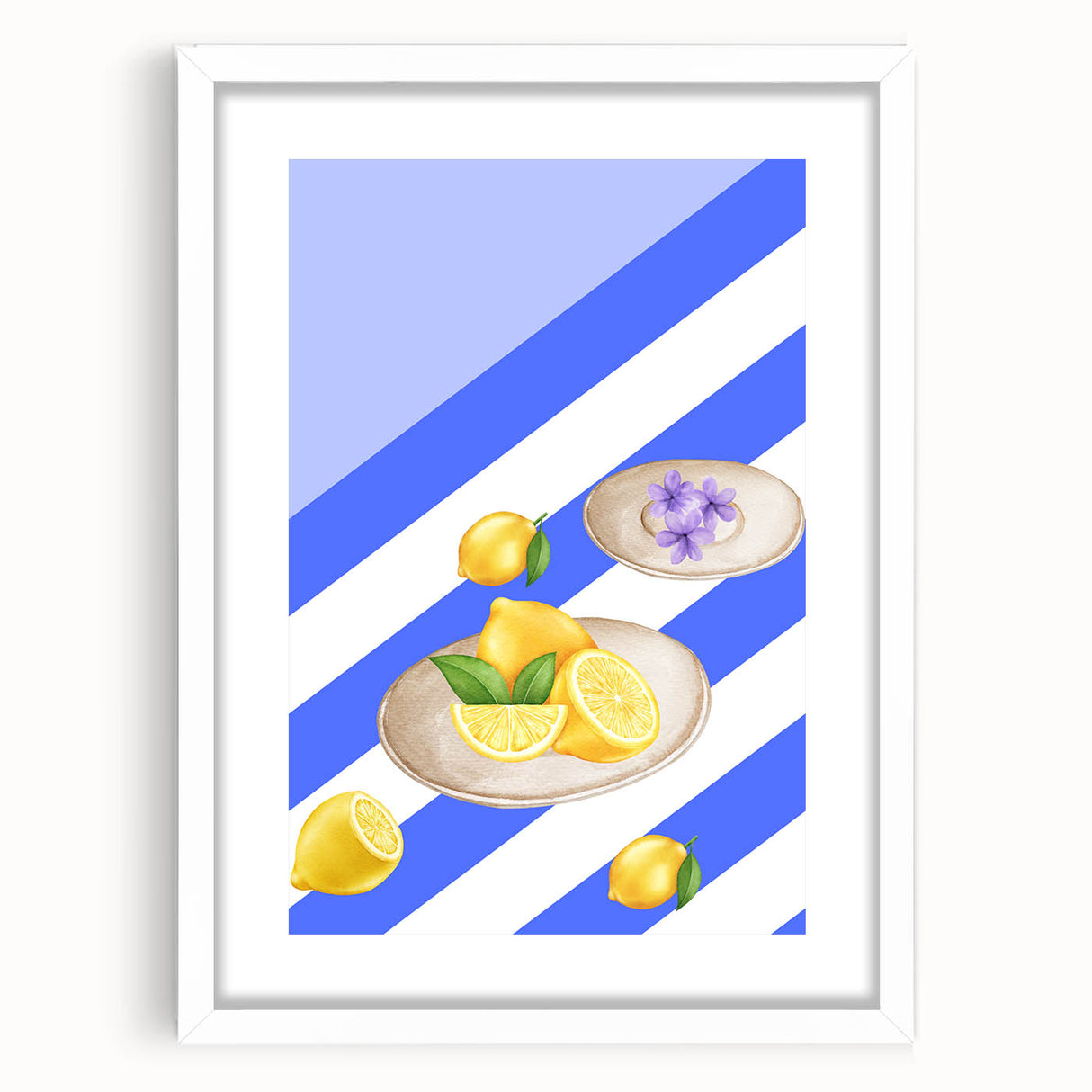 Abstract art print of assorted fruits in vibrant colors on a white framed canvas, ideal for dining room decor.