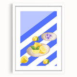 Abstract art print of assorted fruits in vibrant colors on a white framed canvas, ideal for dining room decor.