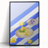 Large abstract wall art featuring assorted fruits in vibrant colors on a black acrylic framed print.