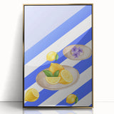 Framed acrylic print of assorted fruits in a mid-century modernist style, using vibrant colors, ideal for kitchen wall art.