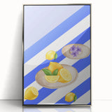 Mid-century modernist art featuring a variety of colorful fruits on a silver framed acrylic print.